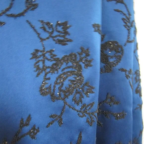 Chetta B Evening full length royal blue satin skirt w black beaded roses, sz 12